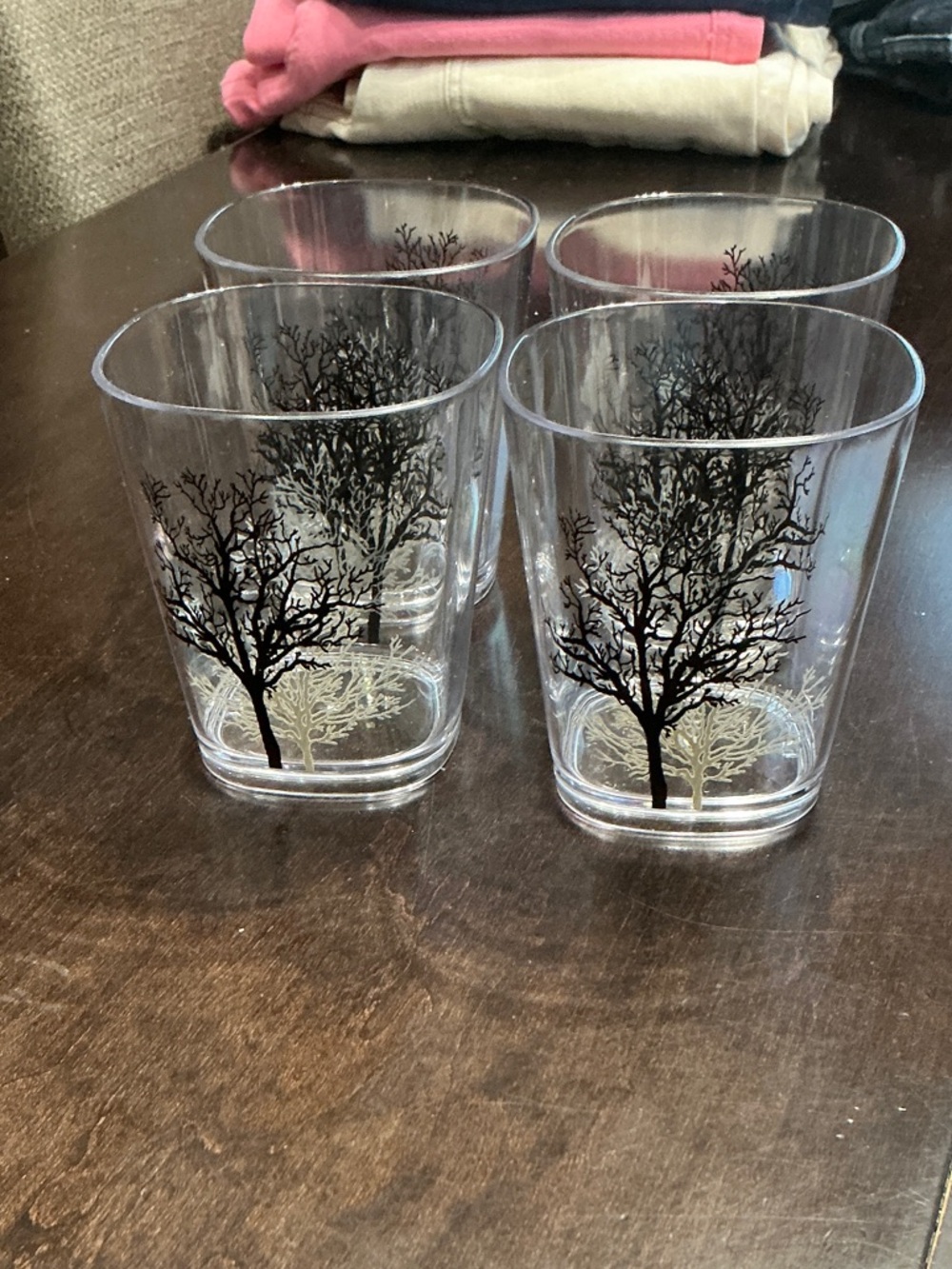Set of 4 Clear Drinking Glasses with Black and Gold Tree Design